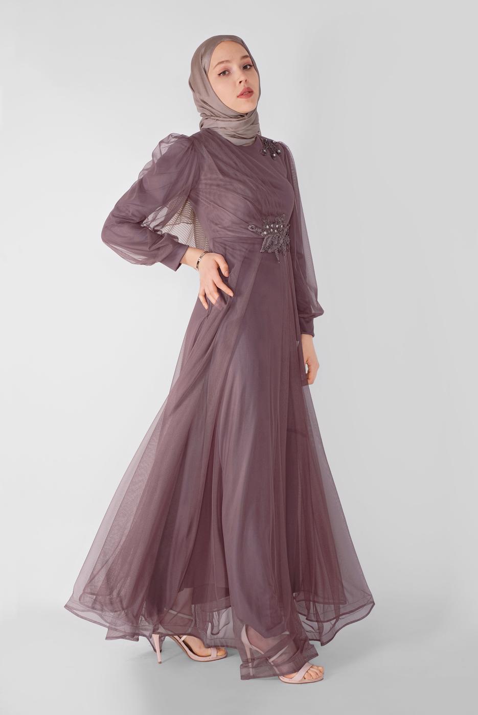 Hijab clothing PINK EMBROIDERED TULLE DETAIL EVENING DRESS 33110 