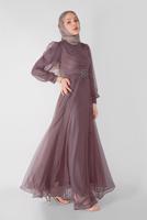 Hijab clothing PINK EMBROIDERED TULLE DETAIL EVENING DRESS 33110 