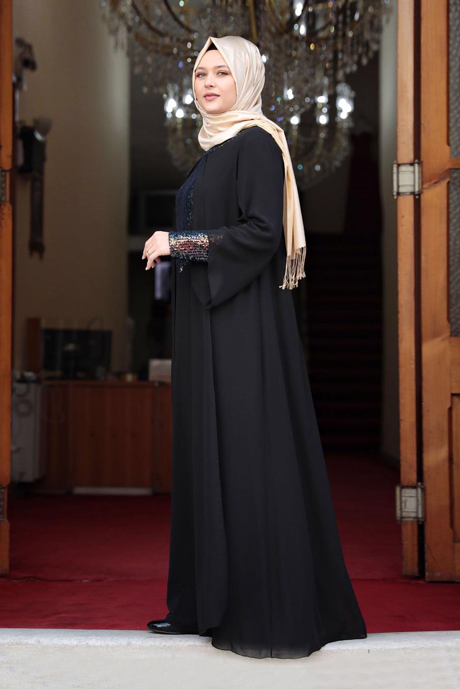 Tesettür giyim SİYAH PUL PAYET DETAYLI ABİYE ELBİSE 3623 