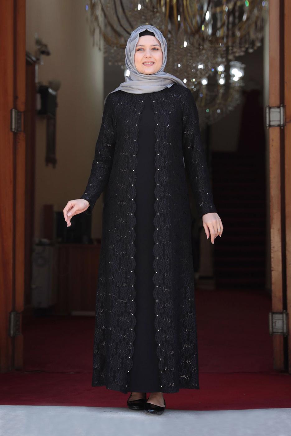 Tesettür giyim SİYAH DANTELLİ PUL DETAYLI ABİYE ELBİSE 3923