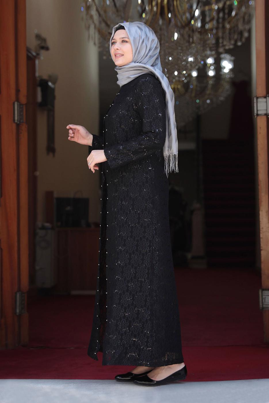 Tesettür giyim SİYAH DANTELLİ PUL DETAYLI ABİYE ELBİSE 3923