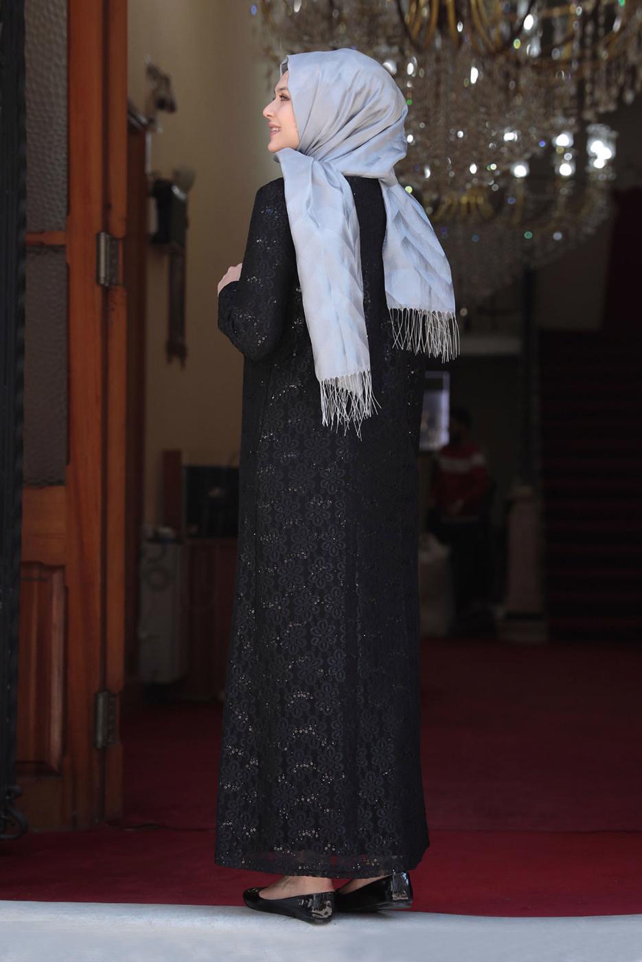Tesettür giyim SİYAH DANTELLİ PUL DETAYLI ABİYE ELBİSE 3923
