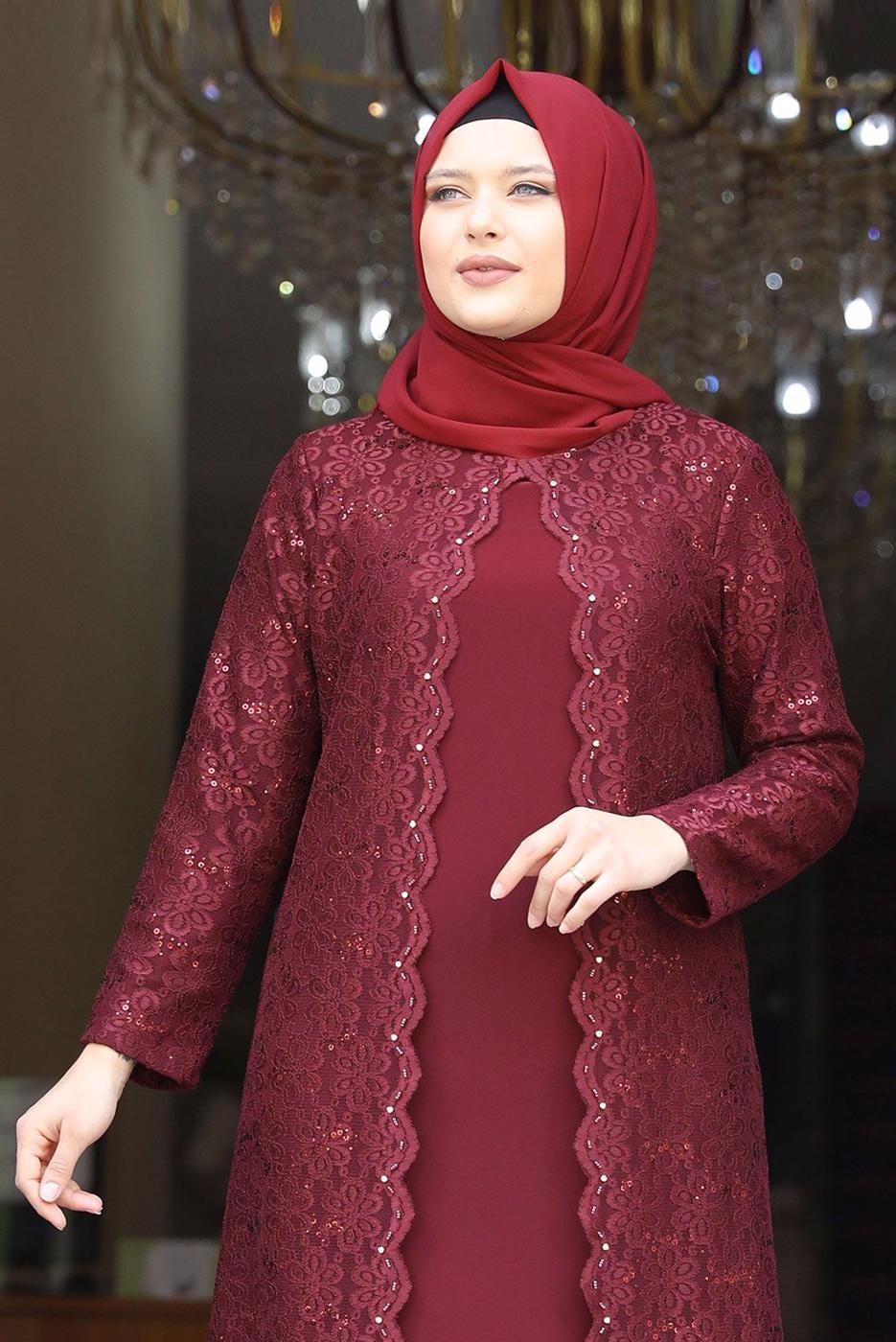 Hijab clothing CLARET RED SEQUIN DETAIL LACED EVENING DRESS 3923