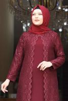 Hijab clothing CLARET RED SEQUIN DETAIL LACED EVENING DRESS 3923