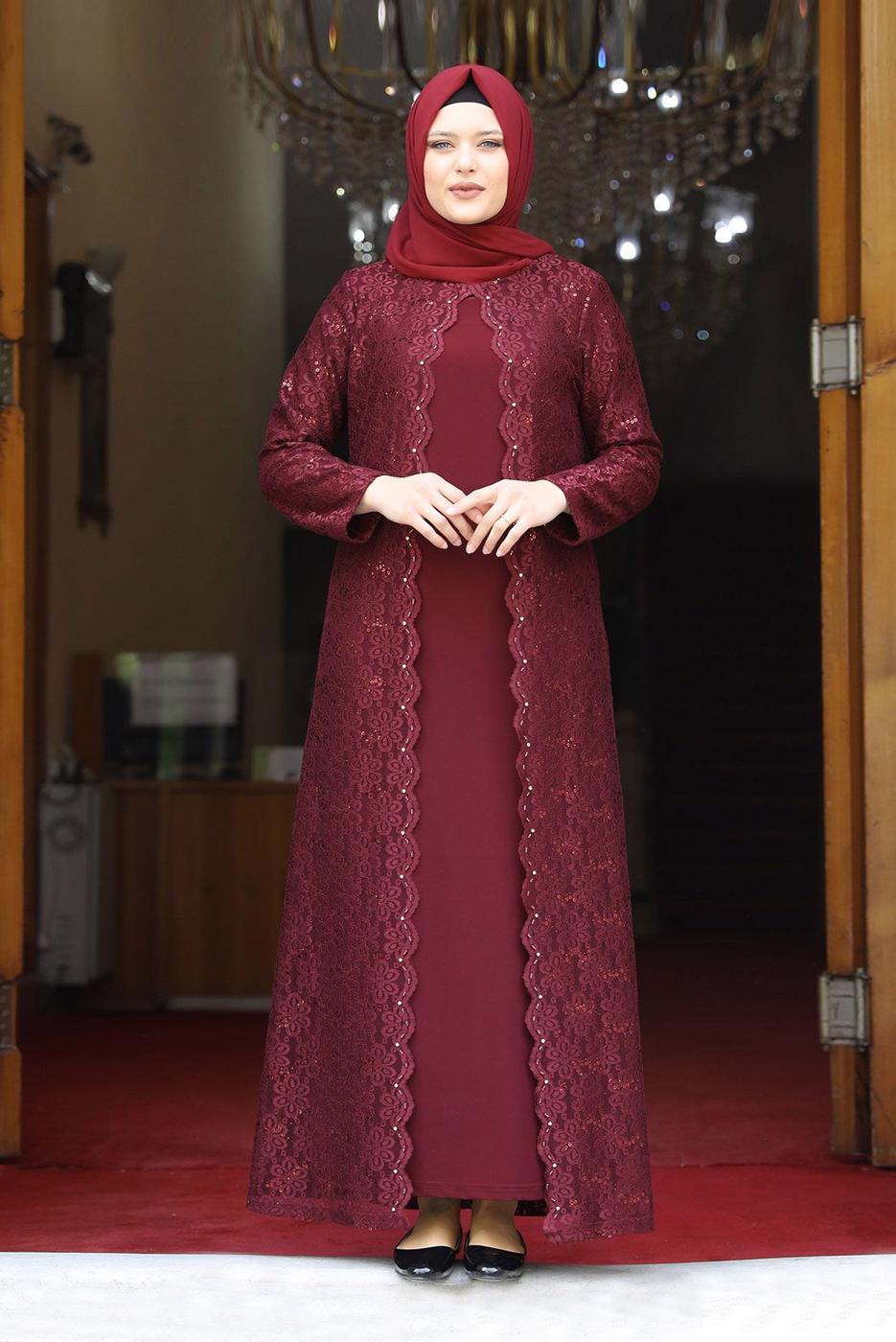 Hijab clothing CLARET RED SEQUIN DETAIL LACED EVENING DRESS 3923
