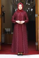 Hijab clothing CLARET RED SEQUIN DETAIL LACED EVENING DRESS 3923