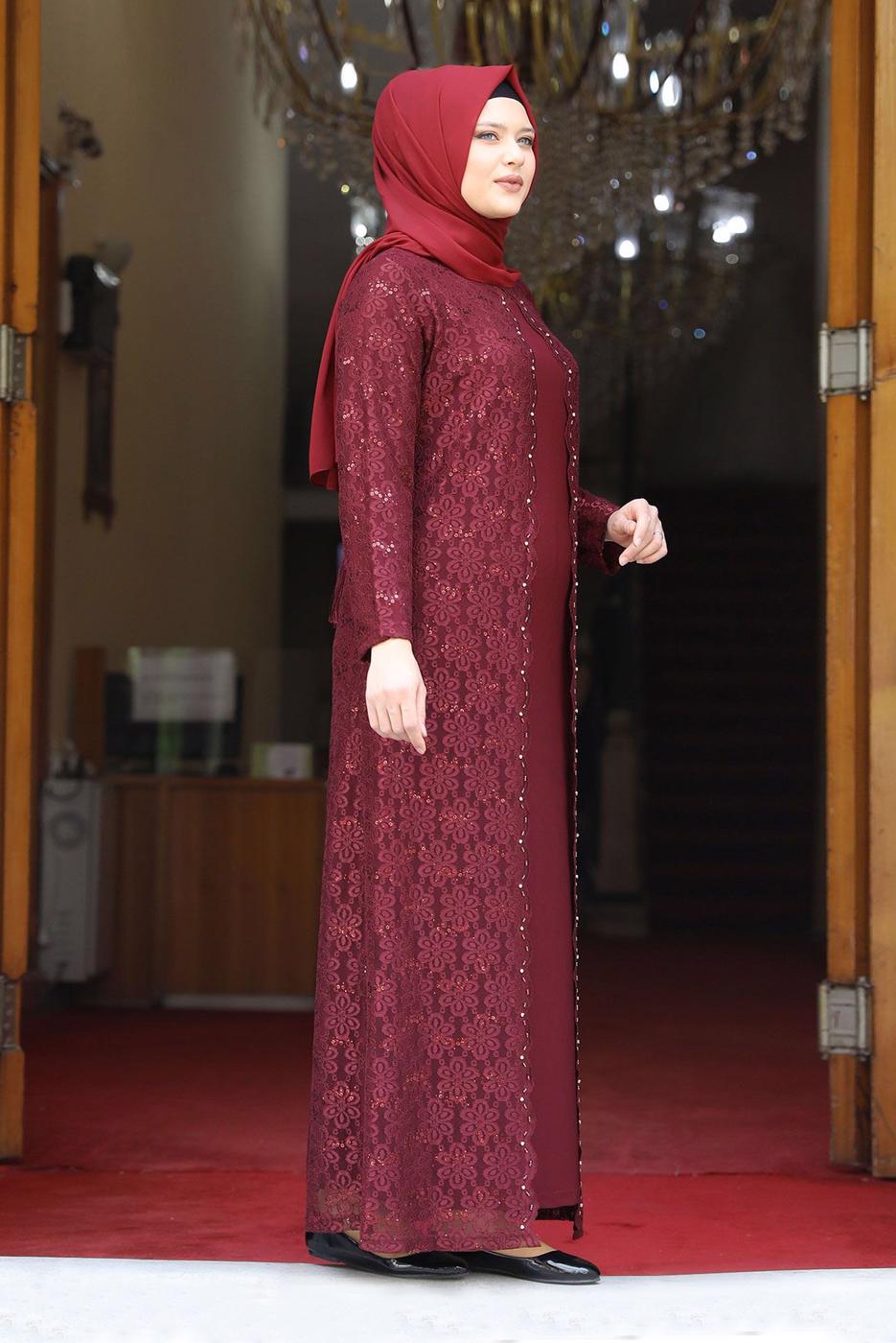 Hijab clothing CLARET RED SEQUIN DETAIL LACED EVENING DRESS 3923