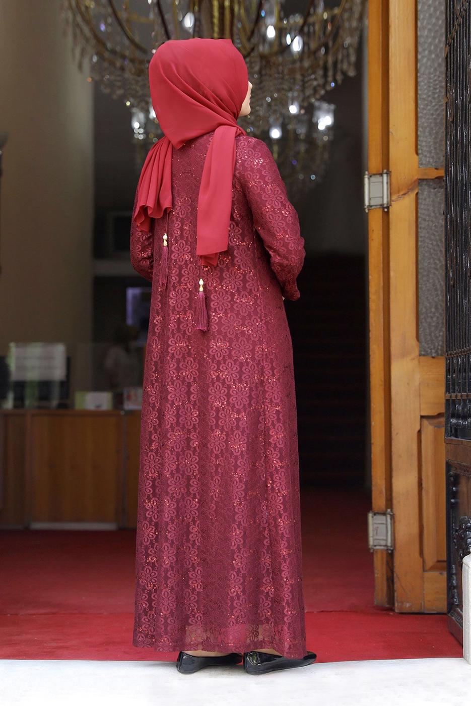 Hijab clothing CLARET RED SEQUIN DETAIL LACED EVENING DRESS 3923