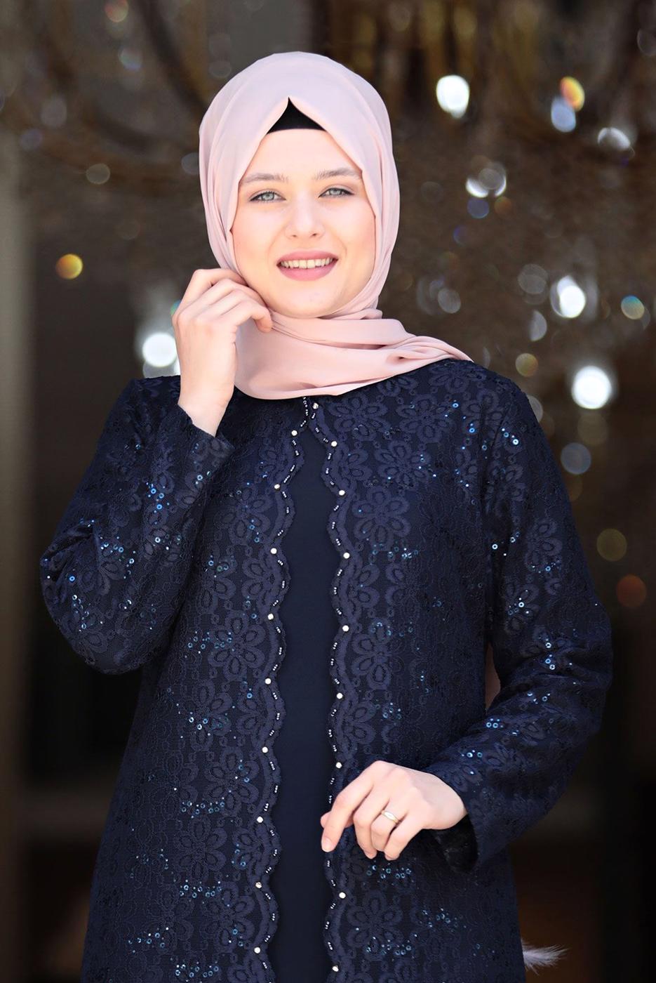 Tesettür giyim LACİVERT DANTELLİ PUL DETAYLI ABİYE ELBİSE 3923
