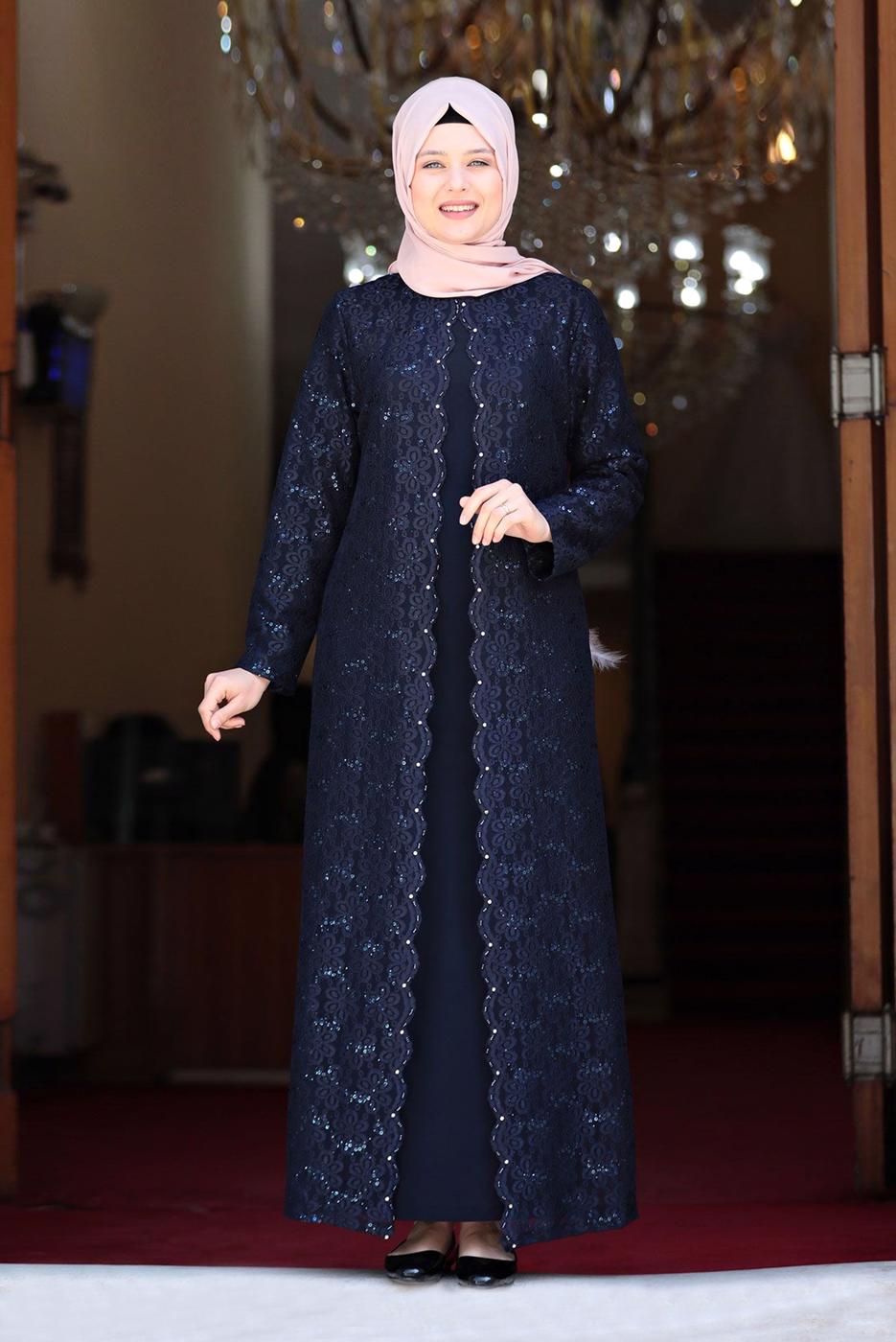 Tesettür giyim LACİVERT DANTELLİ PUL DETAYLI ABİYE ELBİSE 3923