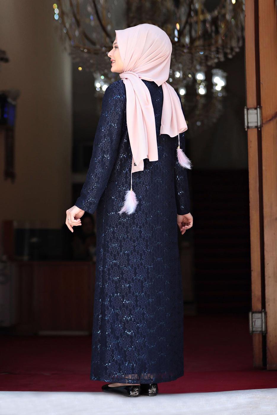 Tesettür giyim LACİVERT DANTELLİ PUL DETAYLI ABİYE ELBİSE 3923