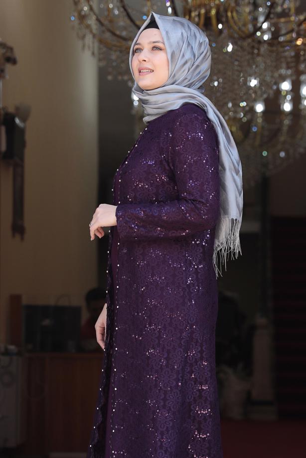 Vêtements hijab PRUNE ROBE DE SOIRÉE LAÇÉE EN SEQUINS 3923 - TRENDTESETTÜR