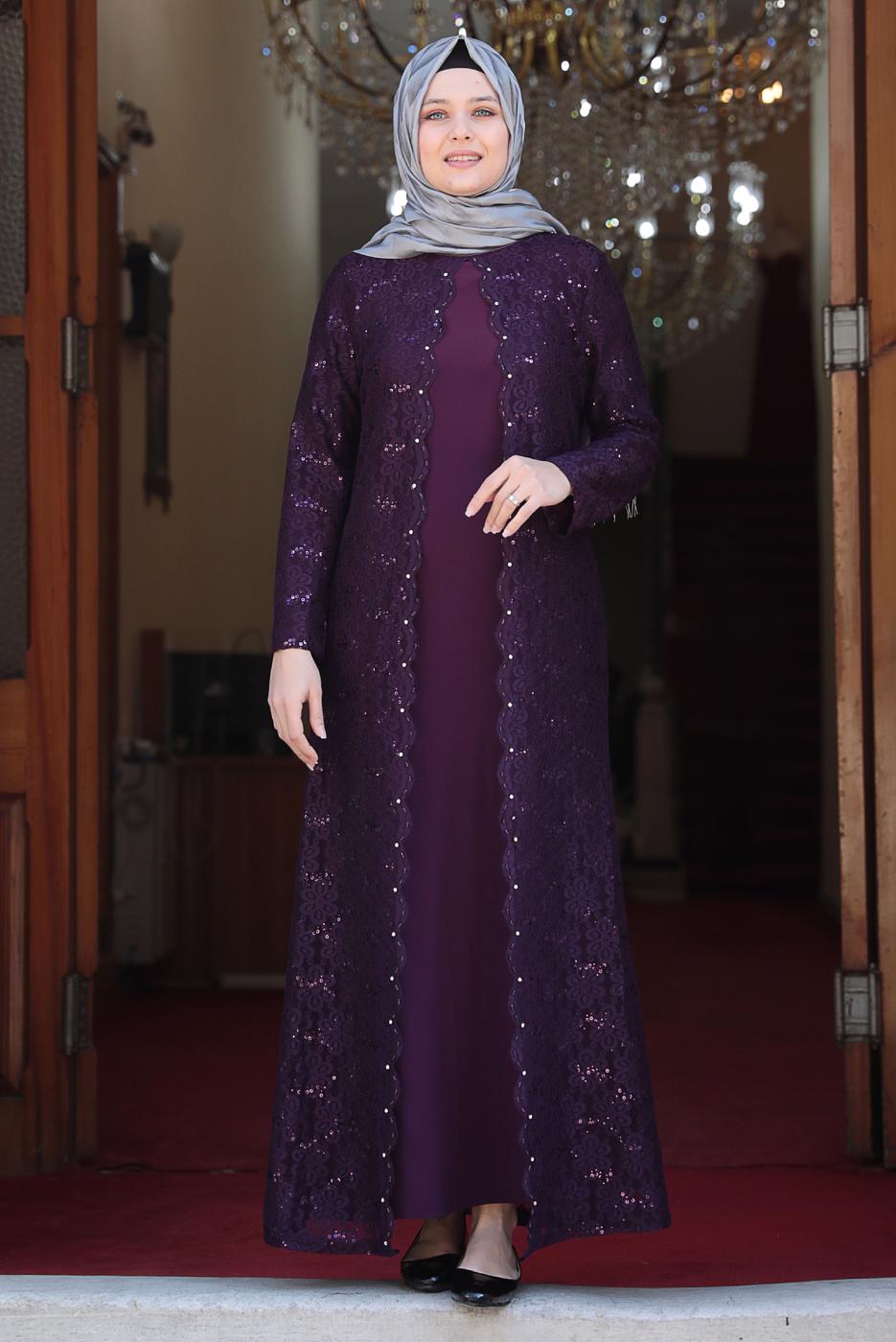 Hijab clothing PLUM SEQUIN DETAIL LACED EVENING DRESS 3923