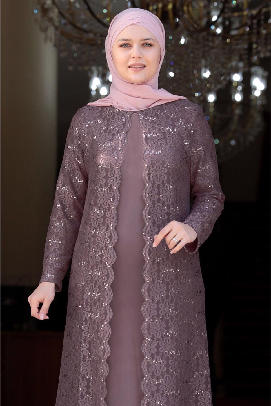 Tesettür giyim PUDRA DANTELLİ PUL DETAYLI ABİYE ELBİSE 3923