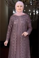 Tesettür giyim PUDRA DANTELLİ PUL DETAYLI ABİYE ELBİSE 3923
