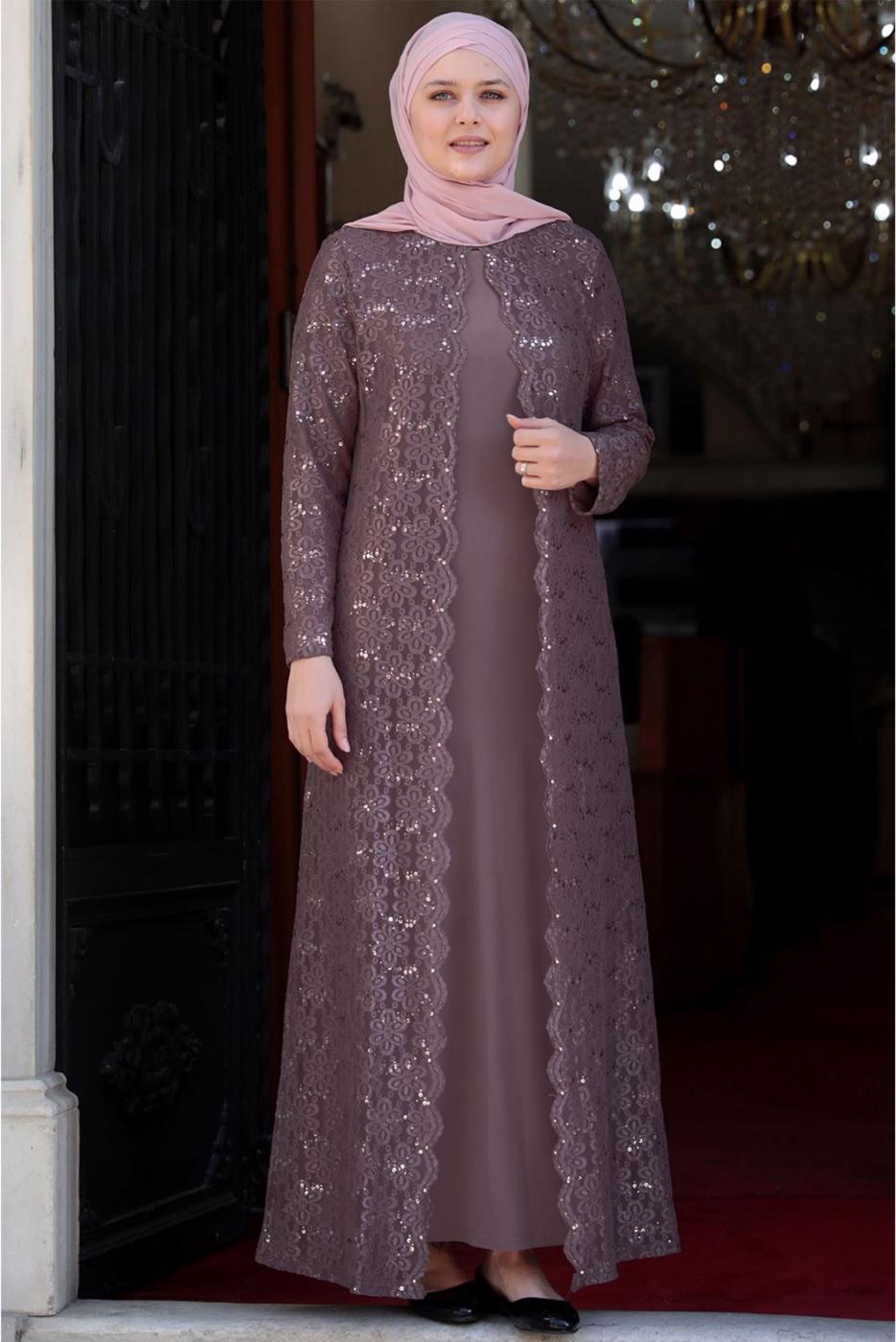 Tesettür giyim PUDRA DANTELLİ PUL DETAYLI ABİYE ELBİSE 3923