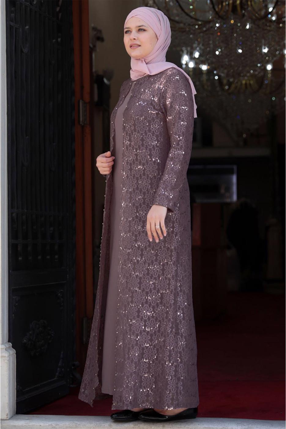 Tesettür giyim PUDRA DANTELLİ PUL DETAYLI ABİYE ELBİSE 3923