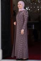 Tesettür giyim PUDRA DANTELLİ PUL DETAYLI ABİYE ELBİSE 3923
