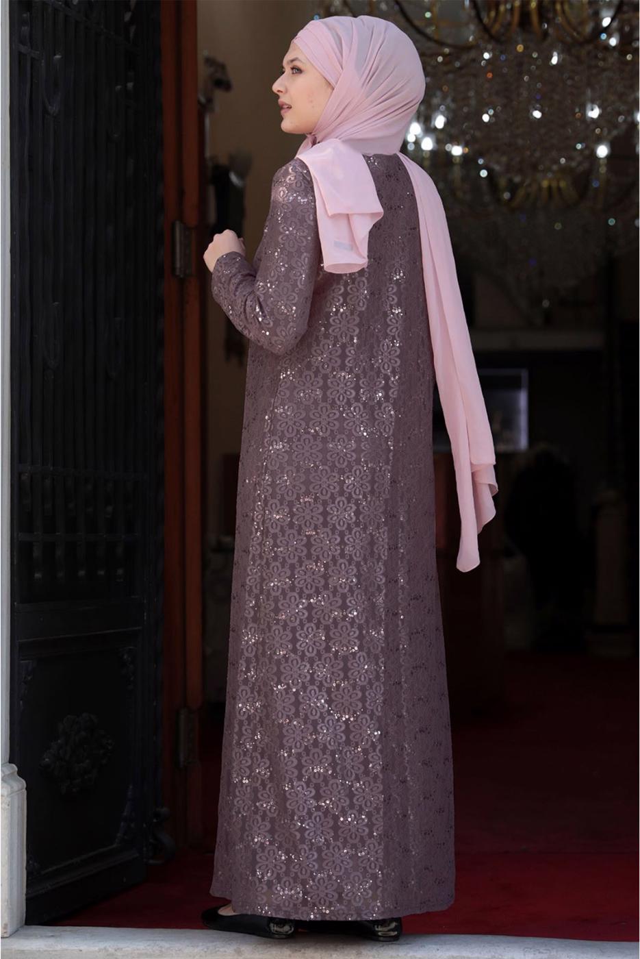 Tesettür giyim PUDRA DANTELLİ PUL DETAYLI ABİYE ELBİSE 3923