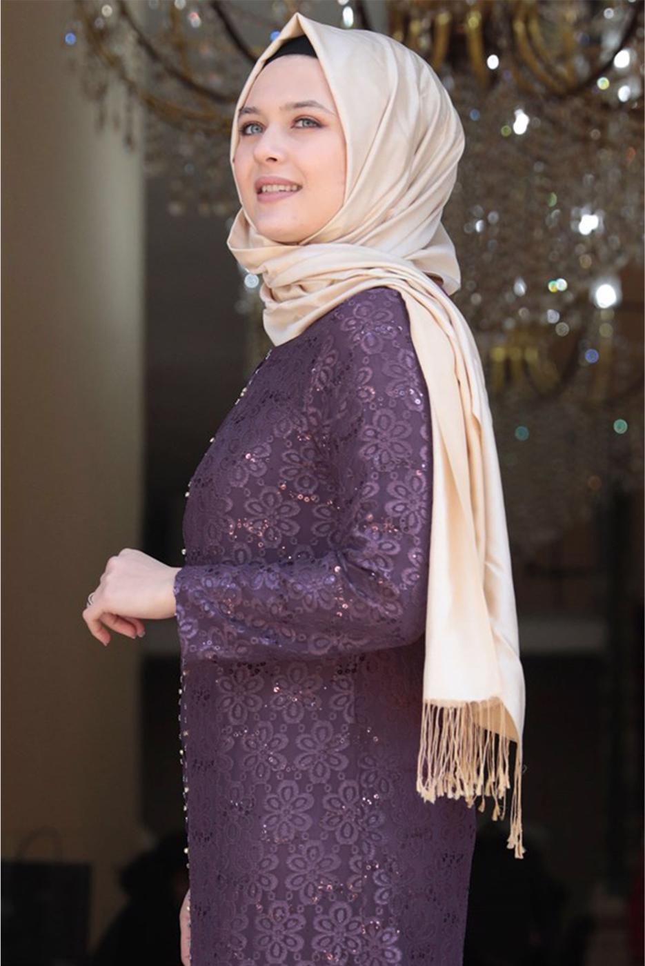 Tesettür giyim PEMBE DANTELLİ PUL DETAYLI ABİYE ELBİSE 3923