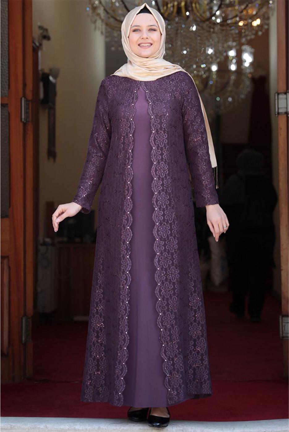 Tesettür giyim PEMBE DANTELLİ PUL DETAYLI ABİYE ELBİSE 3923