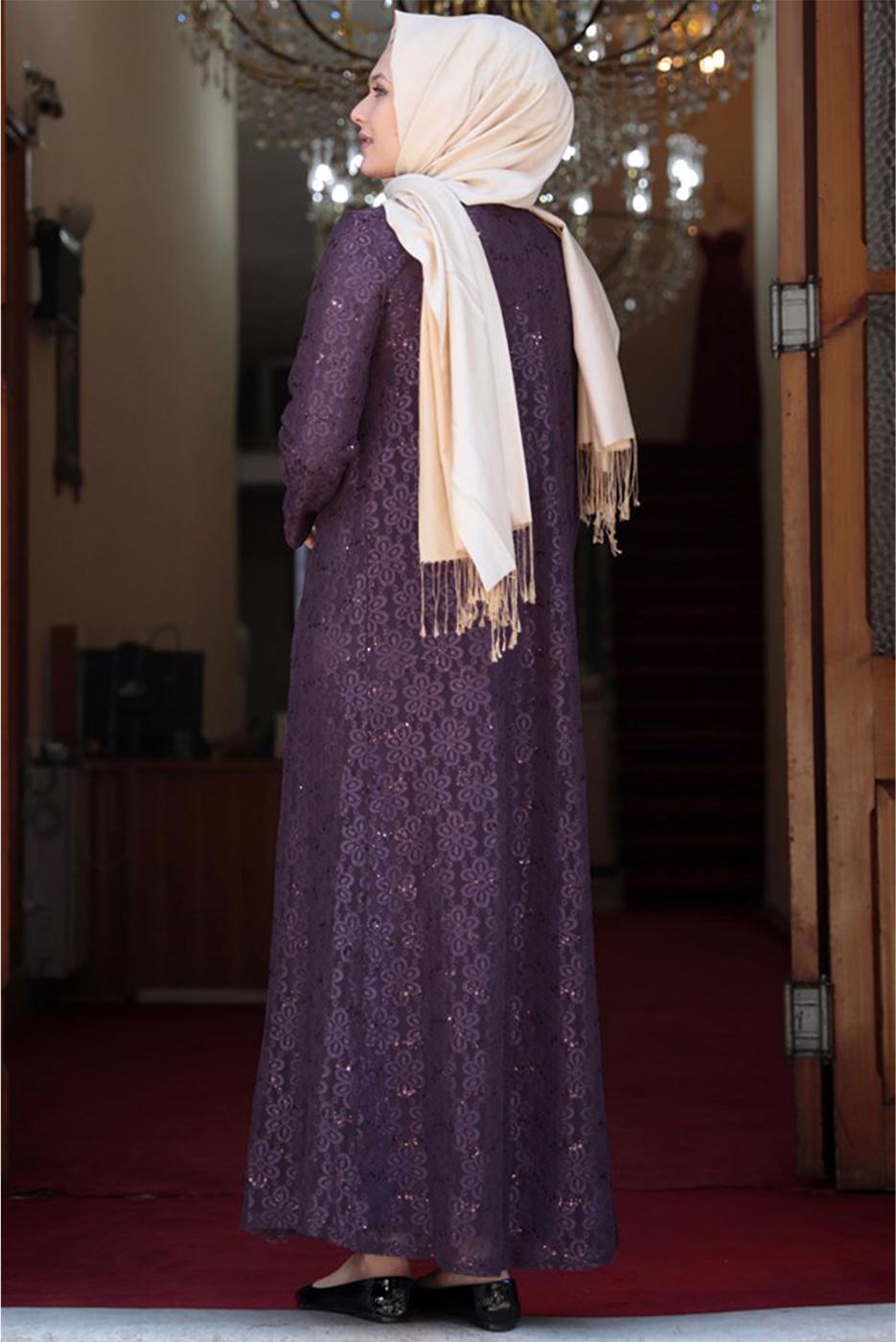 Tesettür giyim PEMBE DANTELLİ PUL DETAYLI ABİYE ELBİSE 3923