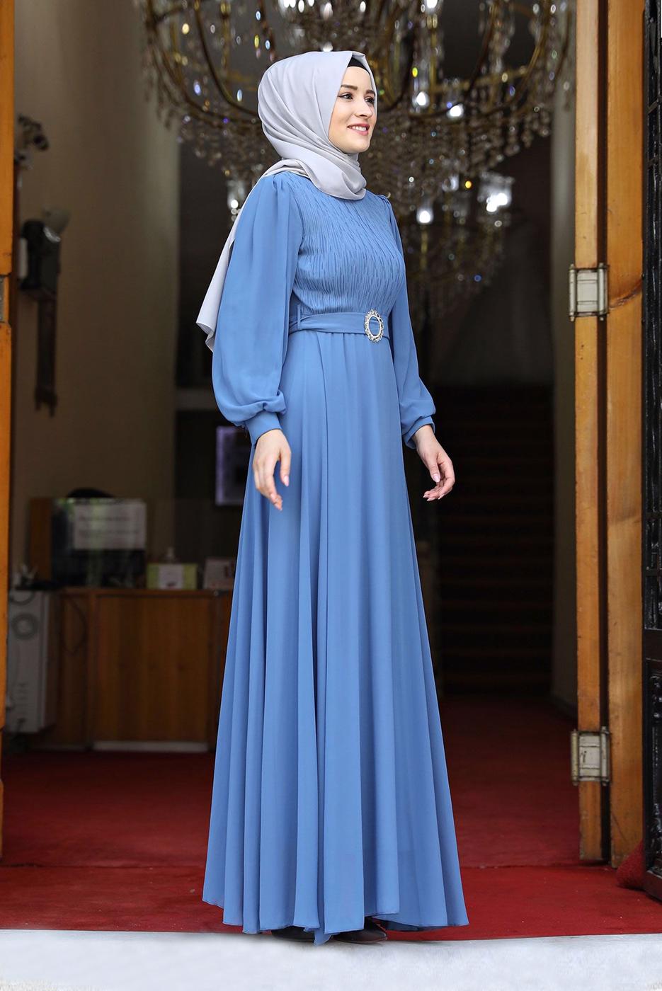 Vêtements hijab BLEU MARINE ROBE DE SOIRÉE DRAPÉE À CEINTURE 4153