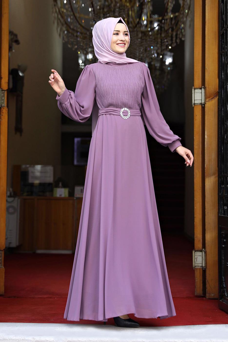 Tesettür giyim PEMBE GİGOT KOLLU DRAPELİ KUŞAKLI ABİYE ELBİSE 4153 