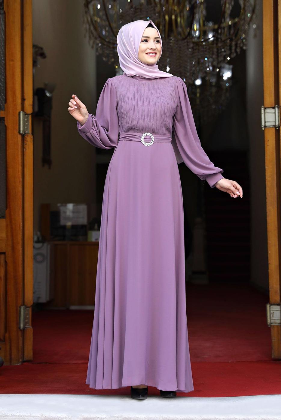 Tesettür giyim PEMBE GİGOT KOLLU DRAPELİ KUŞAKLI ABİYE ELBİSE 4153 