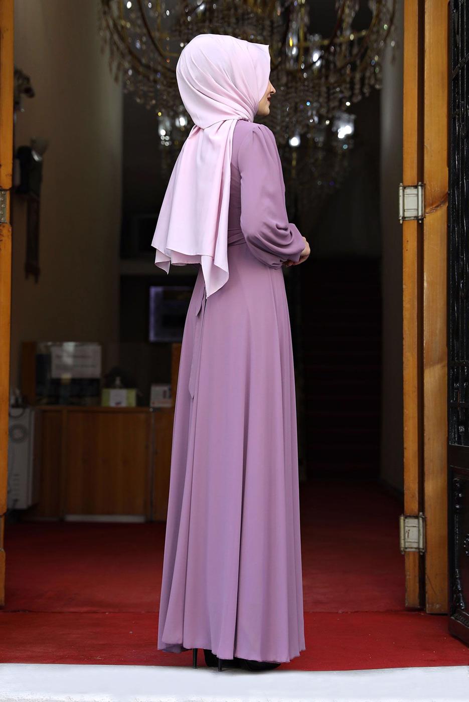 Tesettür giyim PEMBE GİGOT KOLLU DRAPELİ KUŞAKLI ABİYE ELBİSE 4153 