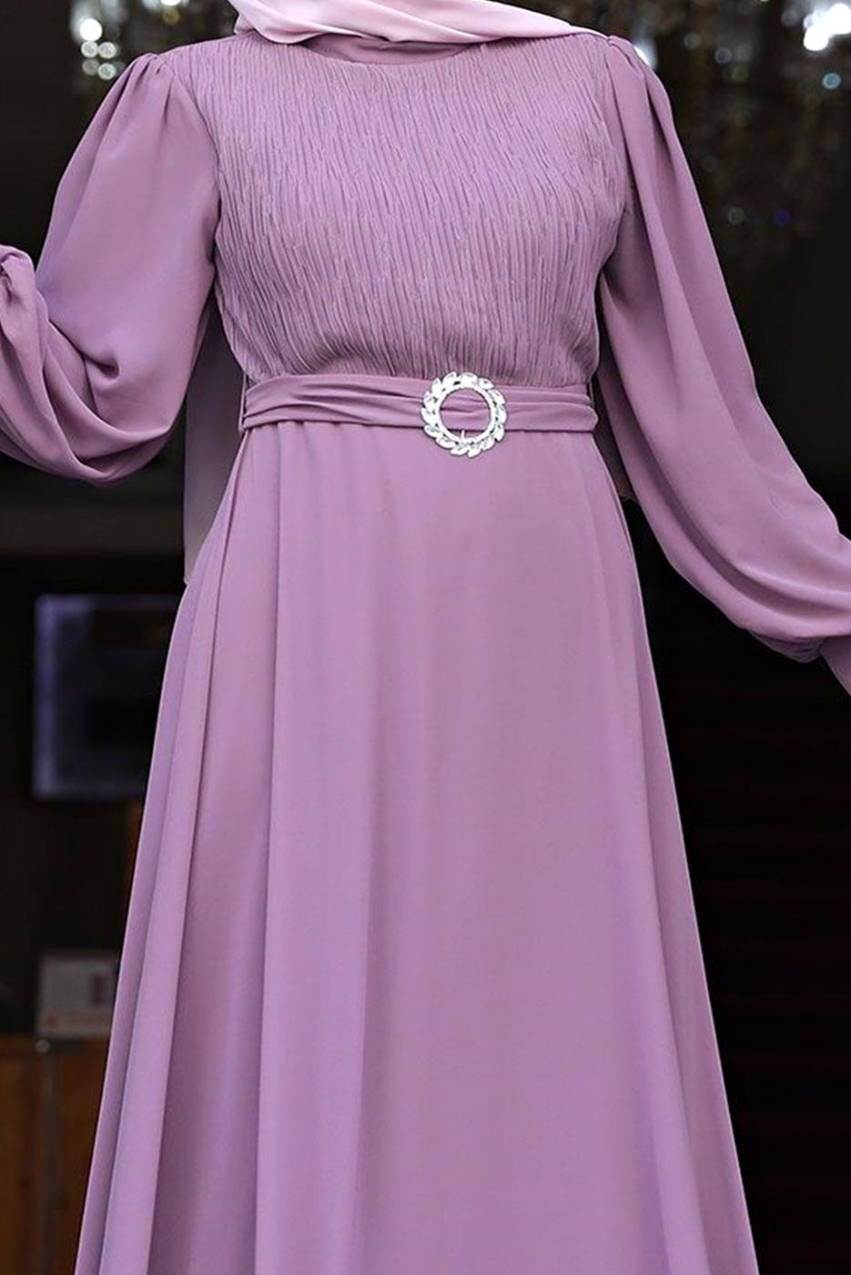 Tesettür giyim PEMBE GİGOT KOLLU DRAPELİ KUŞAKLI ABİYE ELBİSE 4153 