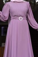Tesettür giyim PEMBE GİGOT KOLLU DRAPELİ KUŞAKLI ABİYE ELBİSE 4153 