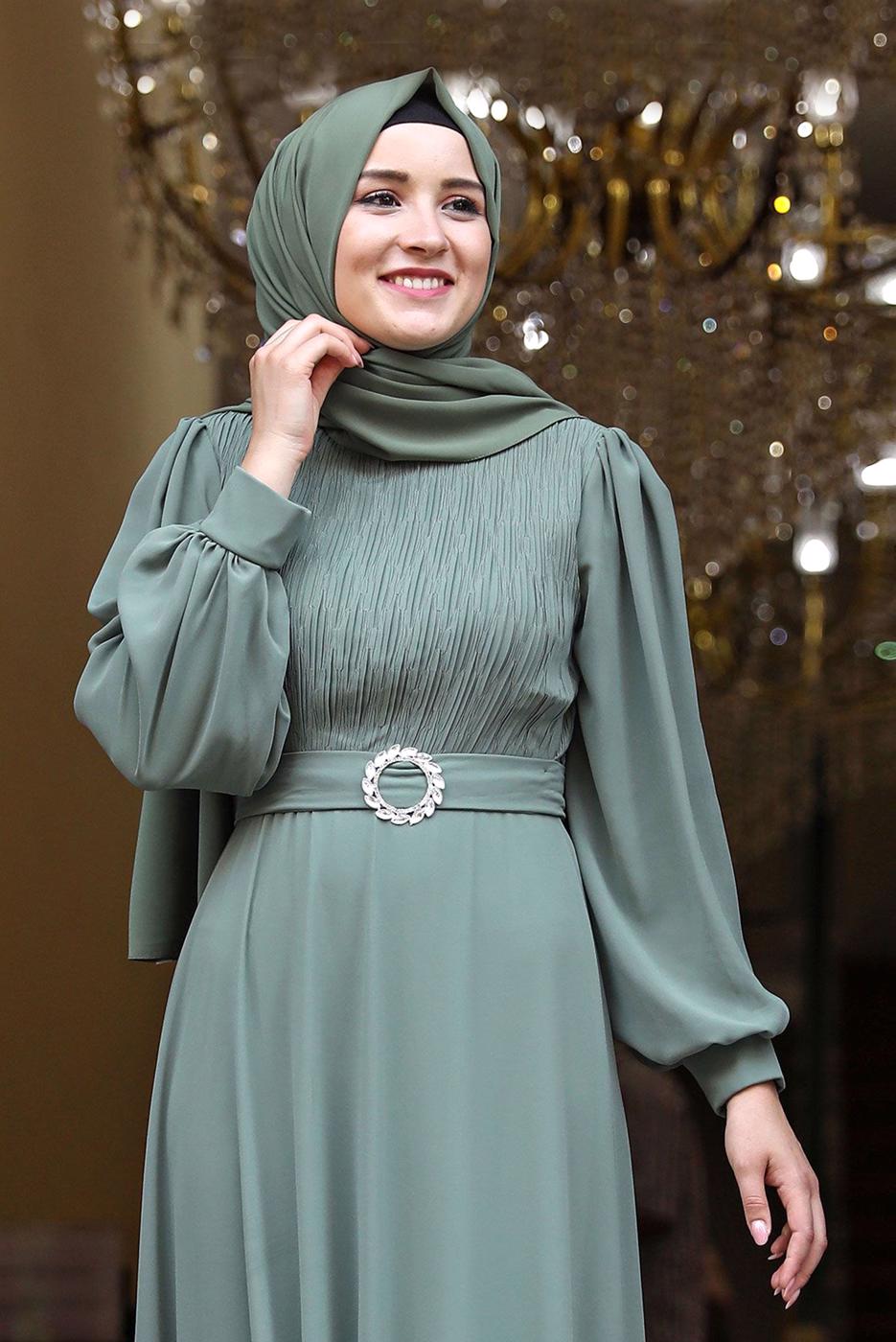 Vêtements hijab VERT ROBE DE SOIRÉE DRAPÉE À CEINTURE 4153