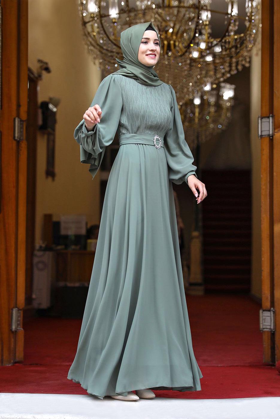 Vêtements hijab VERT ROBE DE SOIRÉE DRAPÉE À CEINTURE 4153