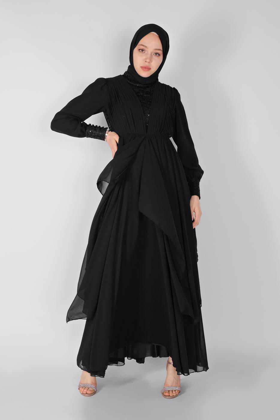 Tesettür giyim SİYAH NAKIŞ İŞLEMELİ ABİYE ELBİSE 42110