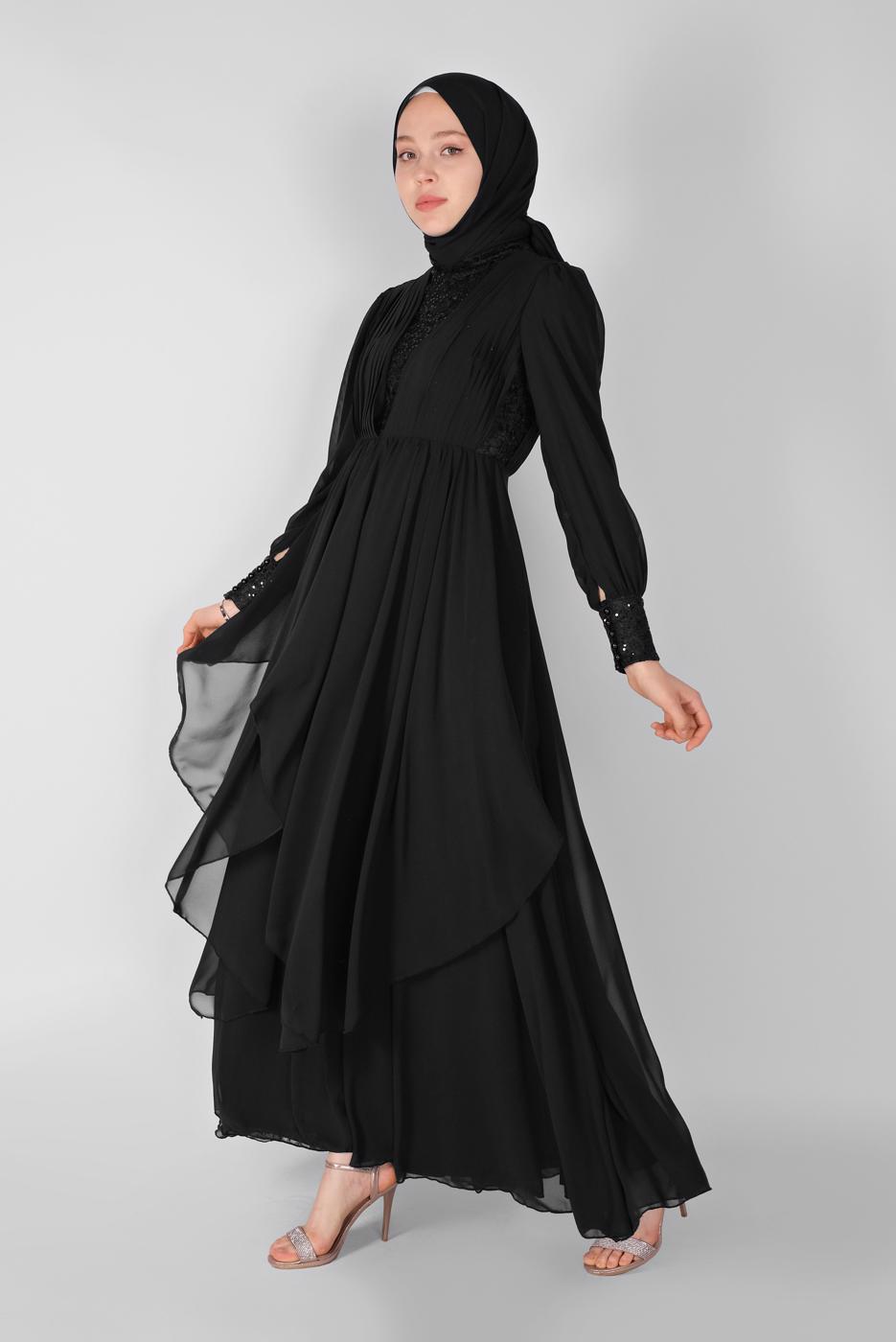 Tesettür giyim SİYAH NAKIŞ İŞLEMELİ ABİYE ELBİSE 42110