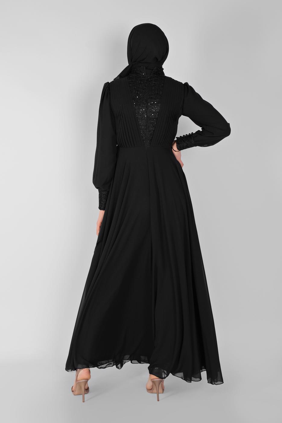 Tesettür giyim SİYAH NAKIŞ İŞLEMELİ ABİYE ELBİSE 42110