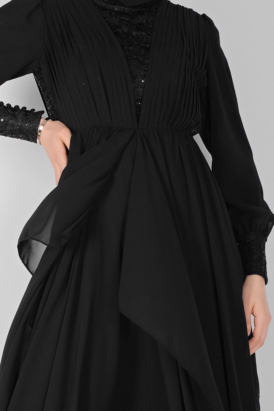 Tesettür giyim SİYAH NAKIŞ İŞLEMELİ ABİYE ELBİSE 42110