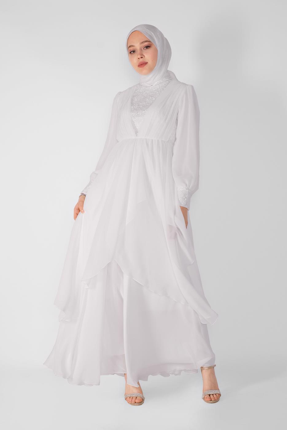 Tesettür giyim BEYAZ NAKIŞ İŞLEMELİ ABİYE ELBİSE 42110