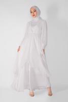 Tesettür giyim BEYAZ NAKIŞ İŞLEMELİ ABİYE ELBİSE 42110