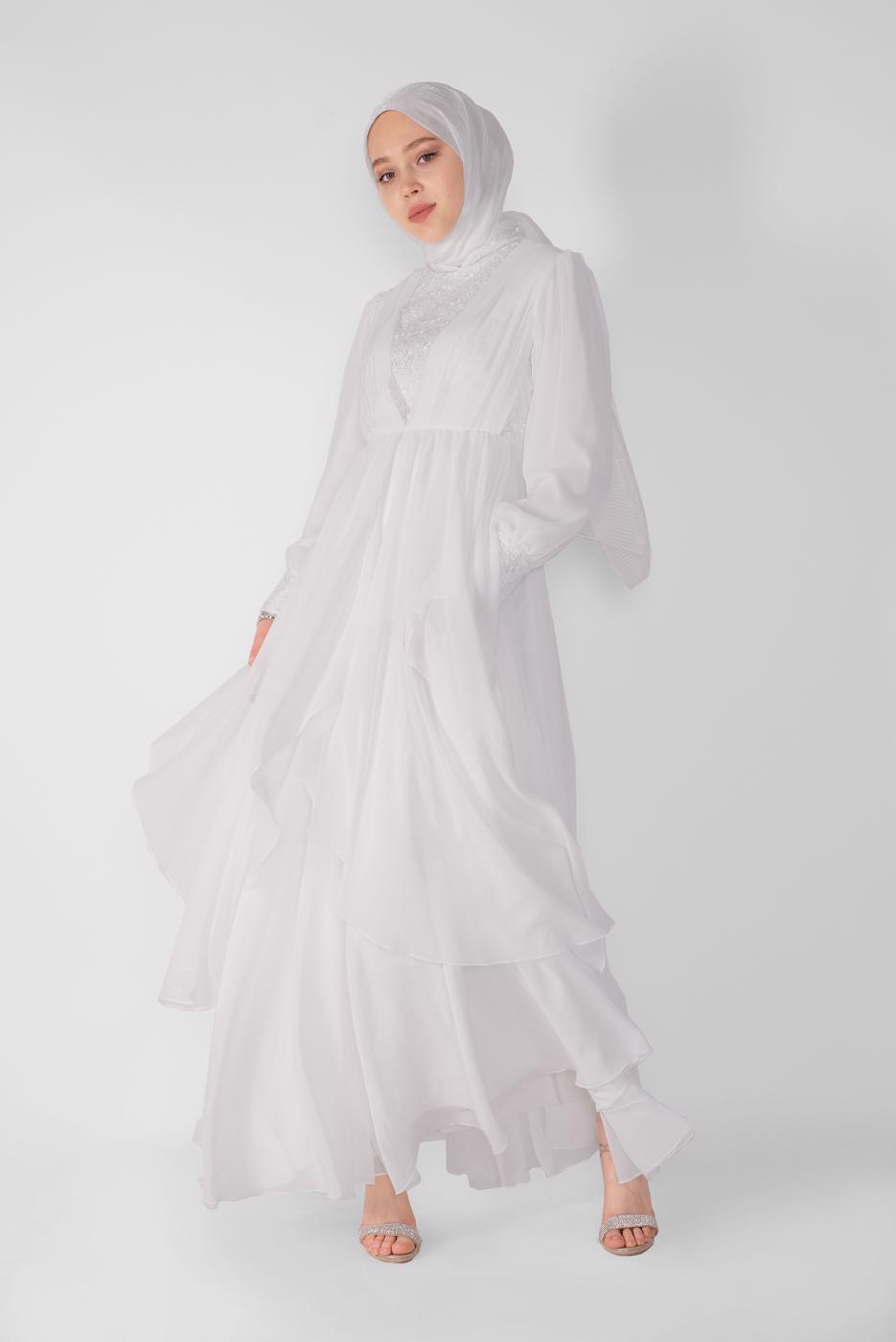 Tesettür giyim BEYAZ NAKIŞ İŞLEMELİ ABİYE ELBİSE 42110