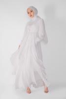 Tesettür giyim BEYAZ NAKIŞ İŞLEMELİ ABİYE ELBİSE 42110