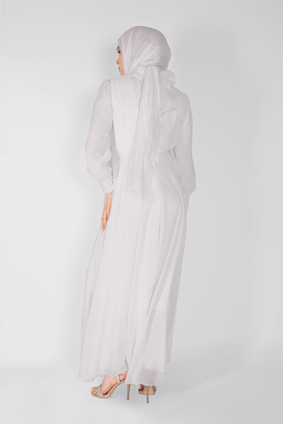 Tesettür giyim BEYAZ NAKIŞ İŞLEMELİ ABİYE ELBİSE 42110