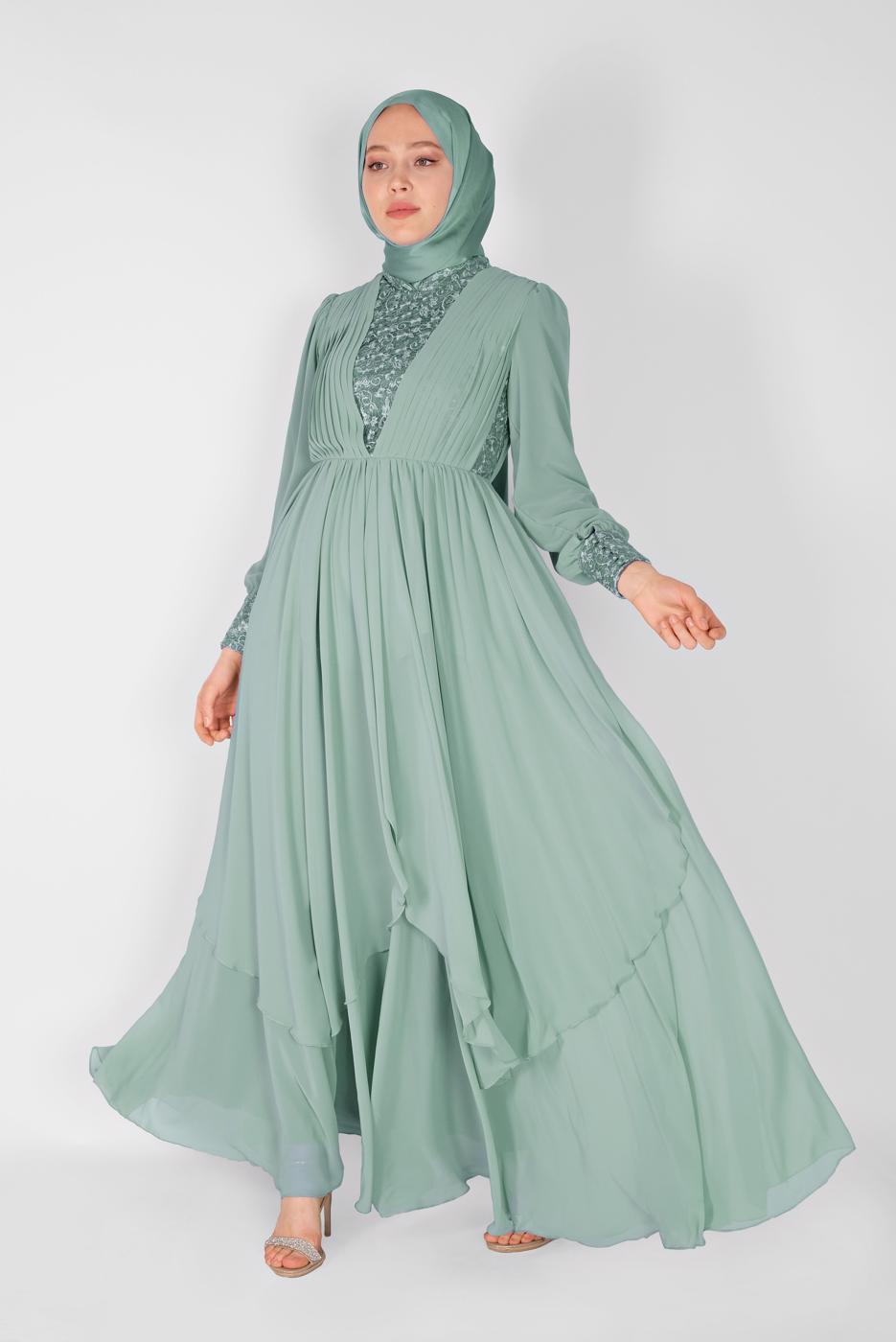 Hijab clothing GREEN EMBROIDERED EVENING DRESS  42110 