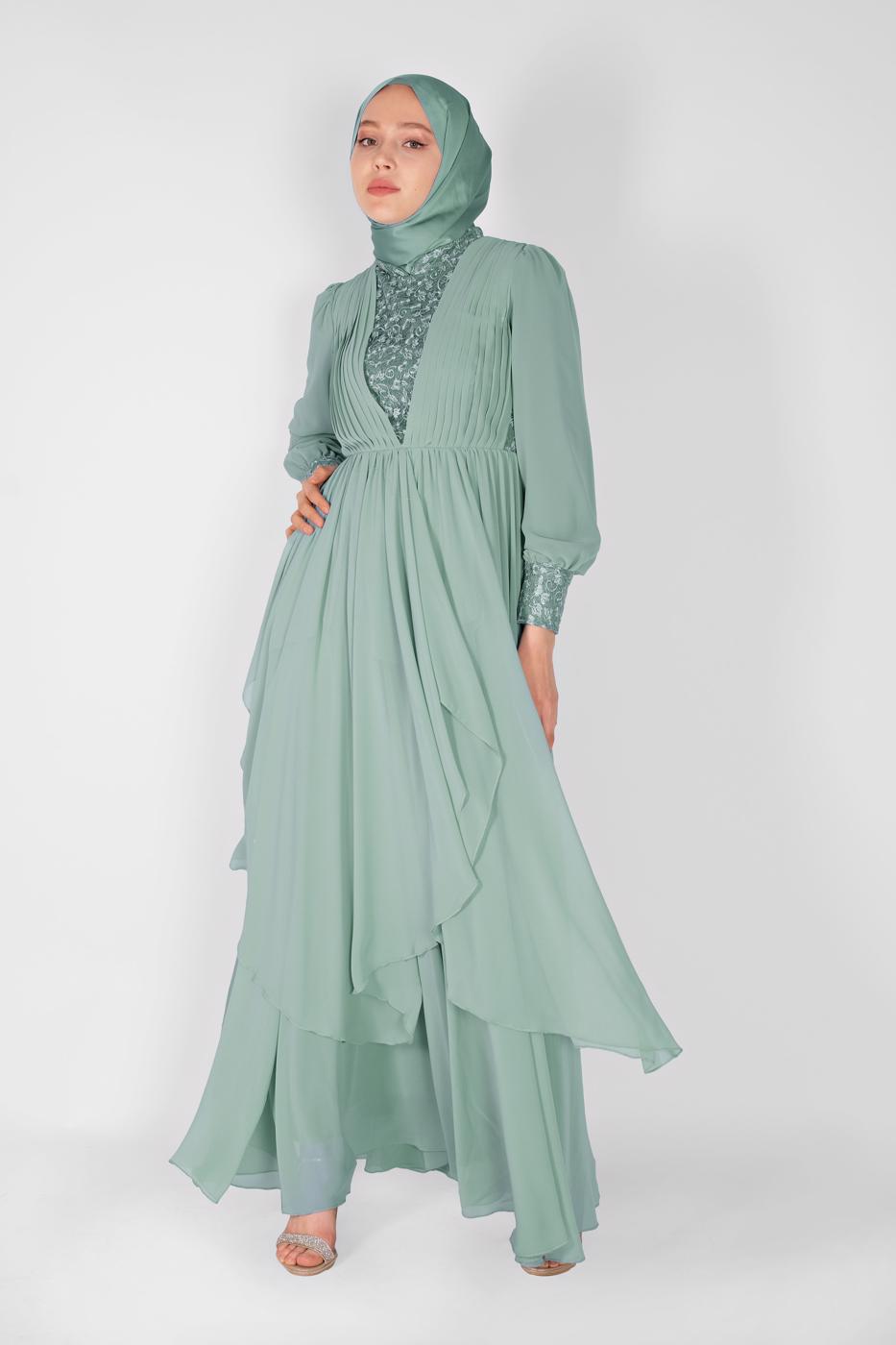 Hijab clothing GREEN EMBROIDERED EVENING DRESS  42110 