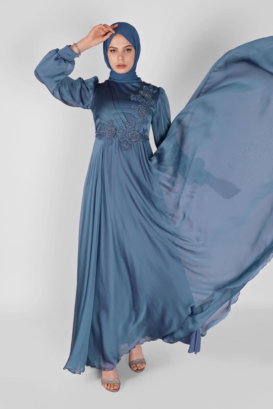 Vêtements hijab BLEU ROBE DE SOIRÉE BRODÉE DE PERLES 43110