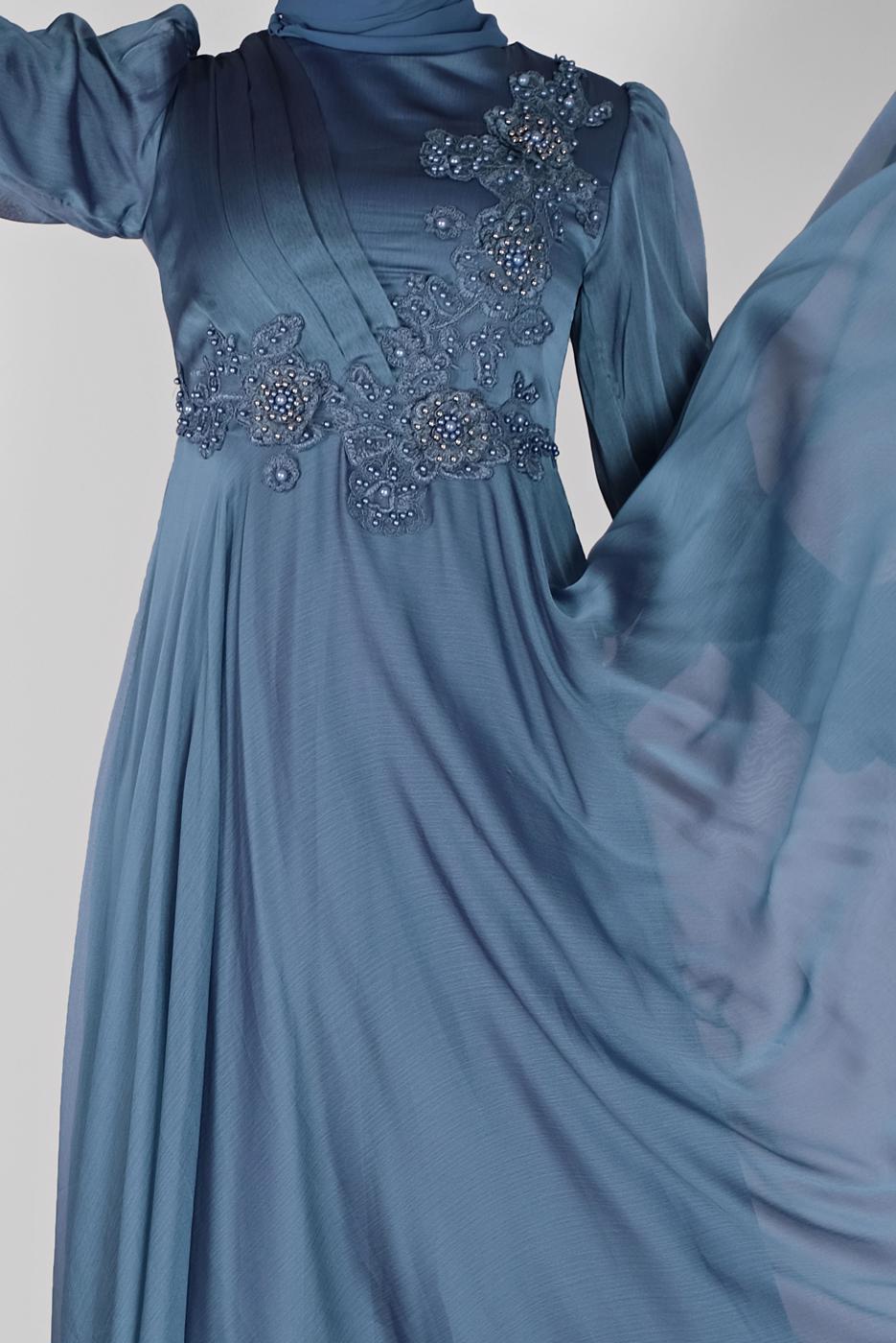 Hijab clothing BLUE BEAD EMBROIDERED EVENING DRESS 43110 