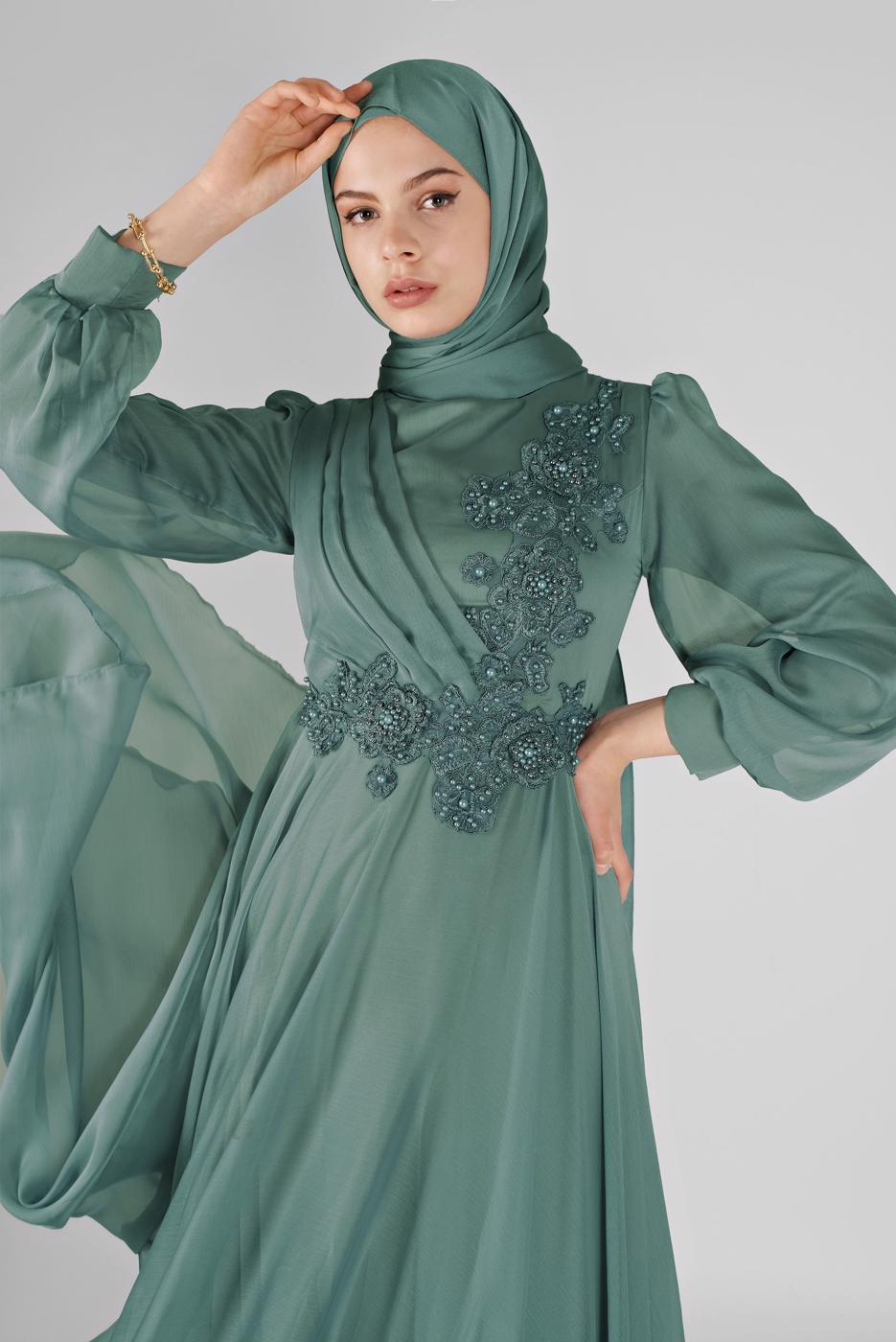 Tesettür giyim YEŞİL BONCUK İŞLEMELİ ABİYE  43110 