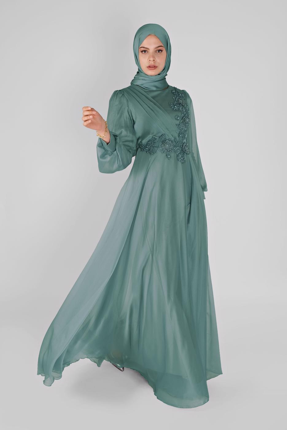 Tesettür giyim YEŞİL BONCUK İŞLEMELİ ABİYE  43110 
