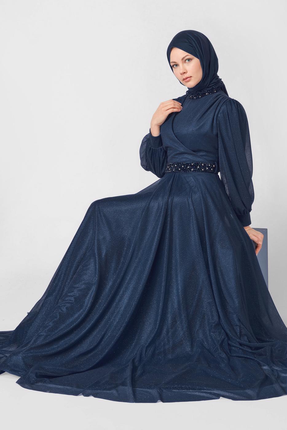 Tesettür giyim LACİVERT ALVİNA SİMLİ ABİYE ELBİSE T 50127